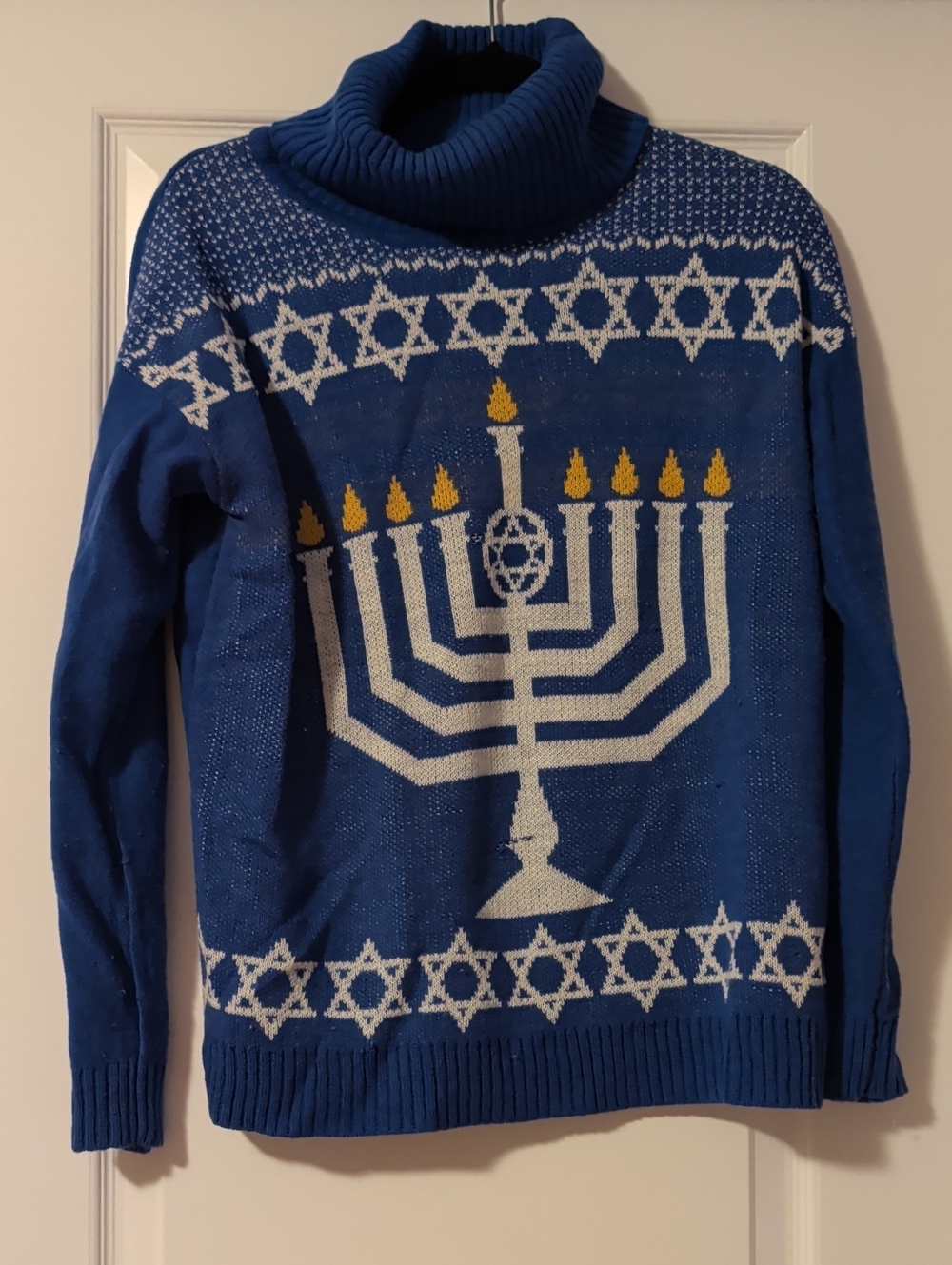 Joseph A Blue Turtleneck Menorah Sweater with White Stars and Yellow Flames
